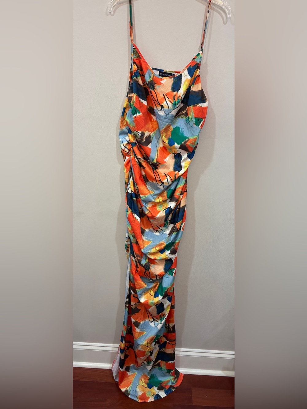 PrettyLittleThing Abstract Print Maxi Dress in Orange, Blue & Green